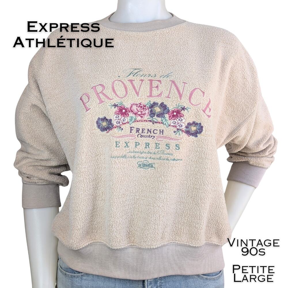 Express Athlétique 90s Sweatshirt Petite Large Beige Embroidered Floral French